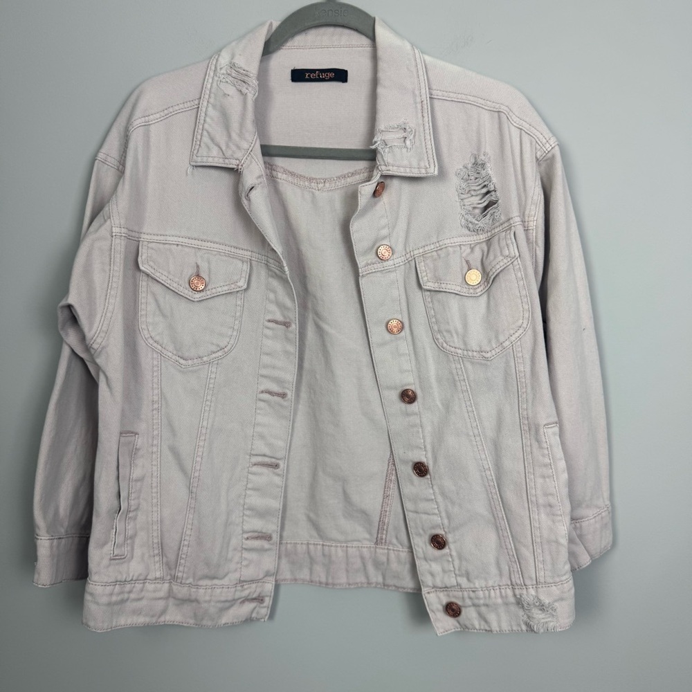 REFUGE | Tan Distressed Button Front Denim Jacket Women’s Size XS Oversized Fit